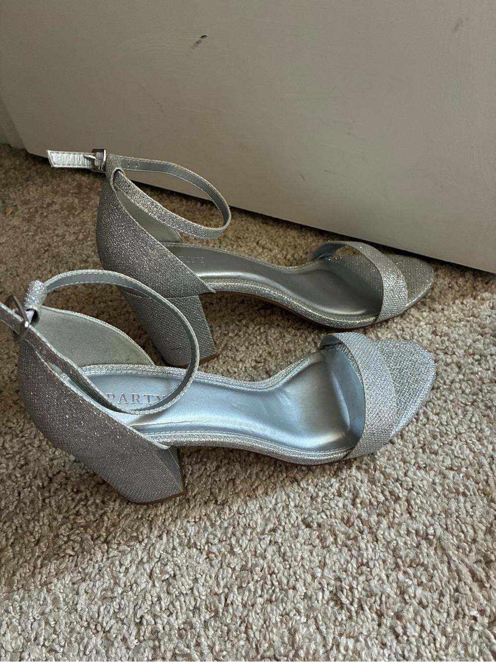 Glitter Ankle-Strap Block Heels in Silver